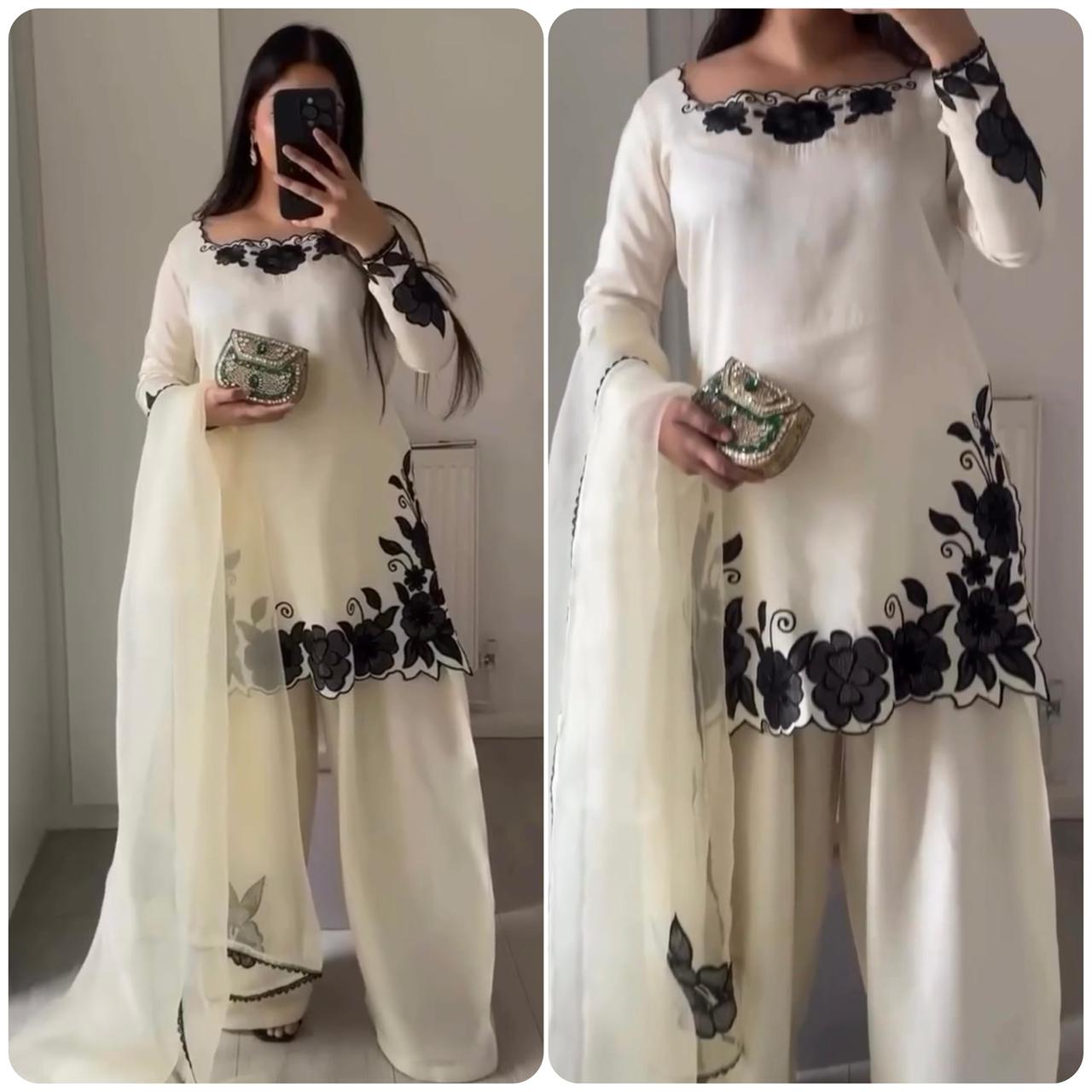 NCO 136 Fendy Silk Embroidery Thread Work Kurti Bottom With Dupatta