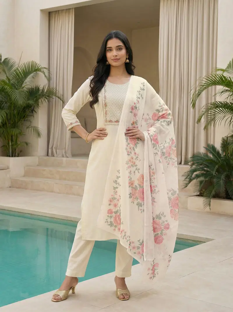 Satmisha White Slub Rayon Embroidered Kurti With Bottom Dupatta
