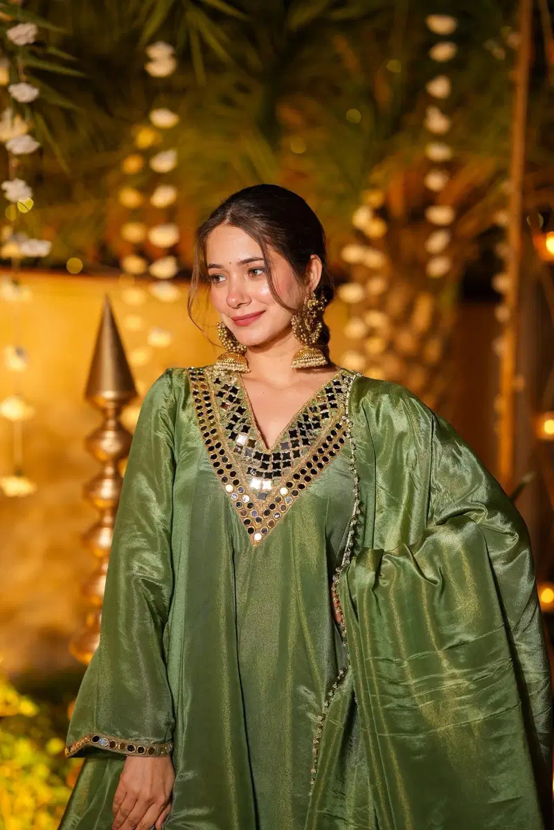 Roshni Green Vichitra Silk Embroidered Designer Kurti With Bottom Dupatta