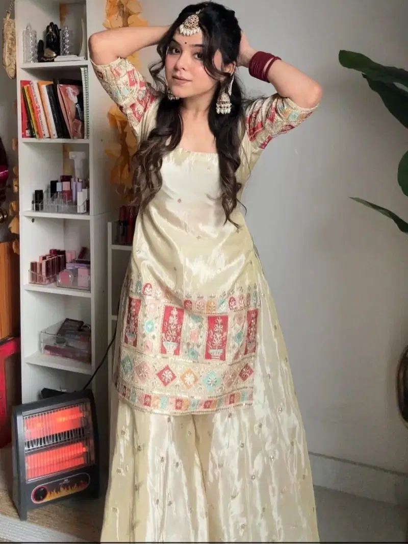 Dhuchandani Cream Chinon With Embroidered Worked Kurti With Bottom Dupatta