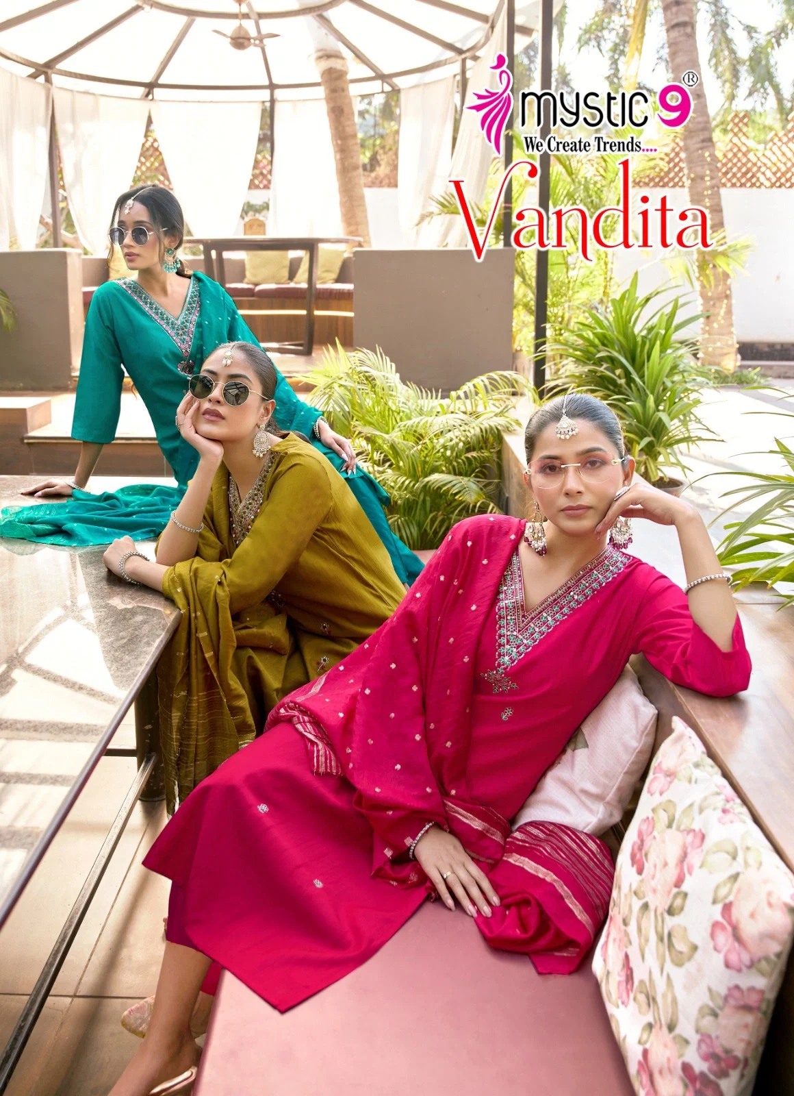 Mystic 9 Vandita Vol 1 Vertican Slub Handwork Straight Top With Bottom And Dupatta
