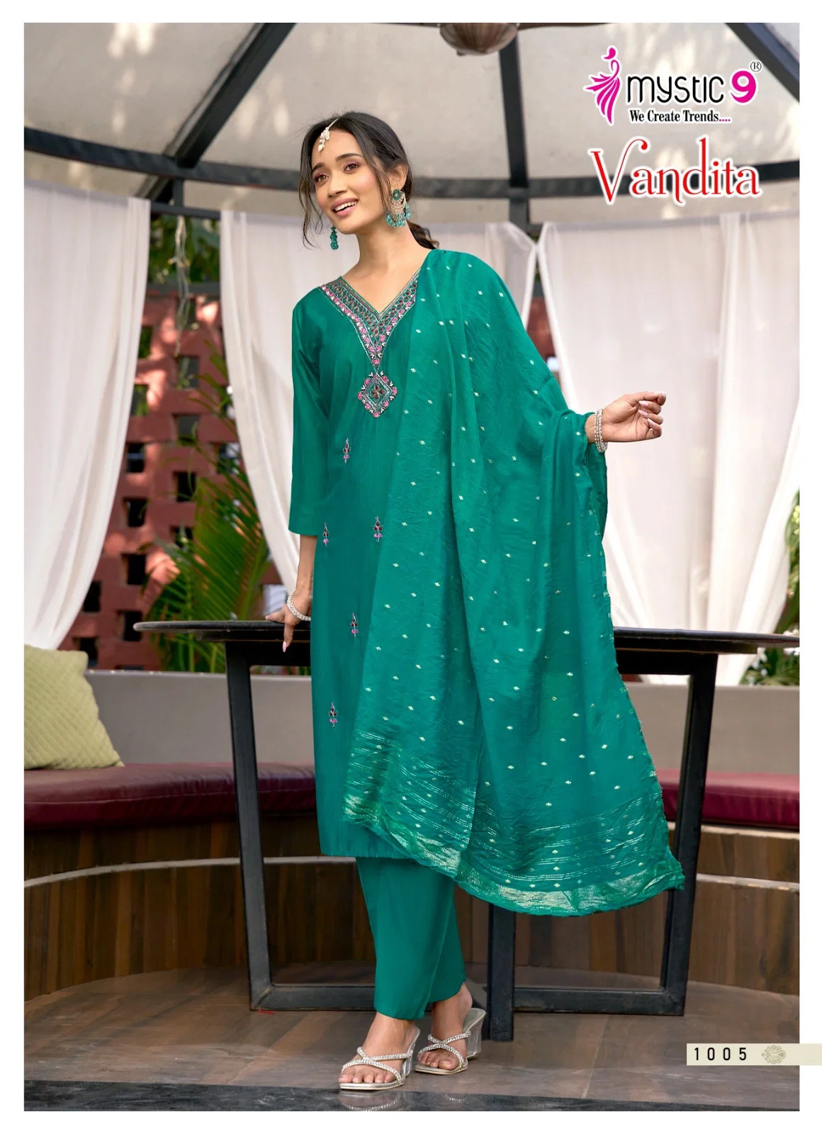 Mystic 9 Vandita Vol 1 Vertican Slub Handwork Straight Top With Bottom And Dupatta