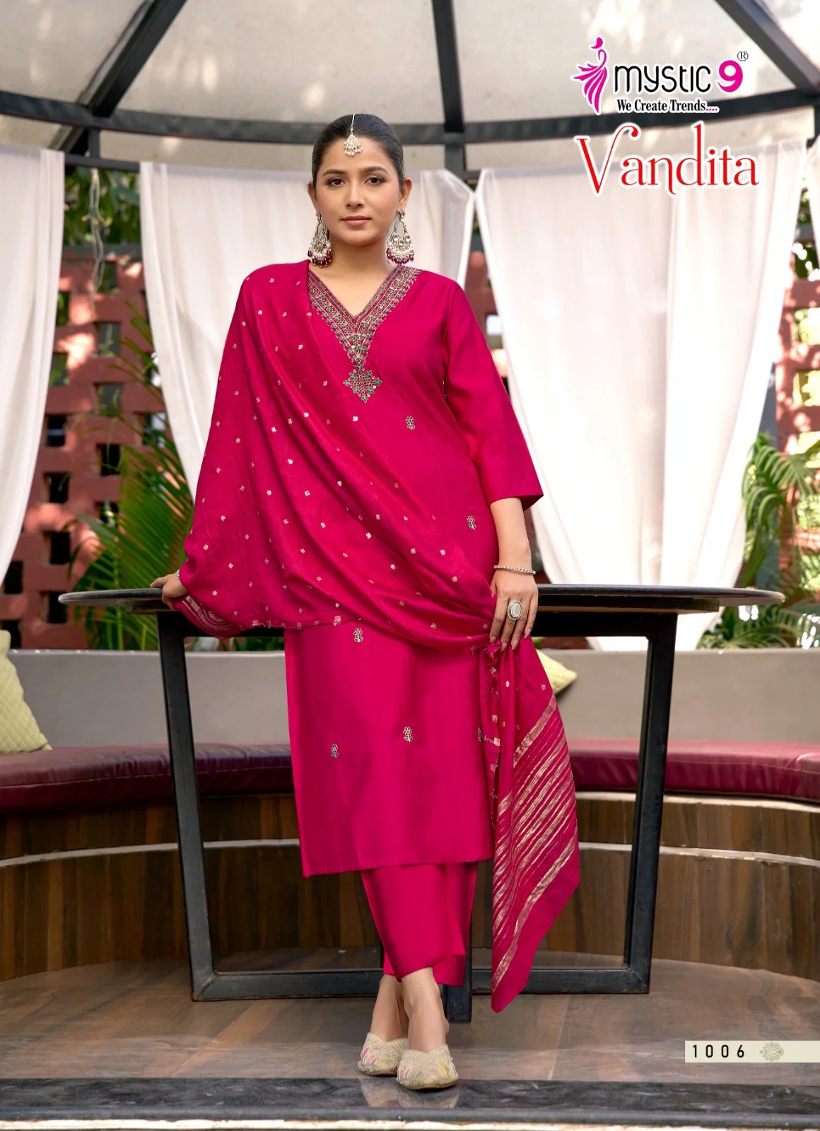 Mystic 9 Vandita Vol 1 Vertican Slub Handwork Straight Top With Bottom And Dupatta