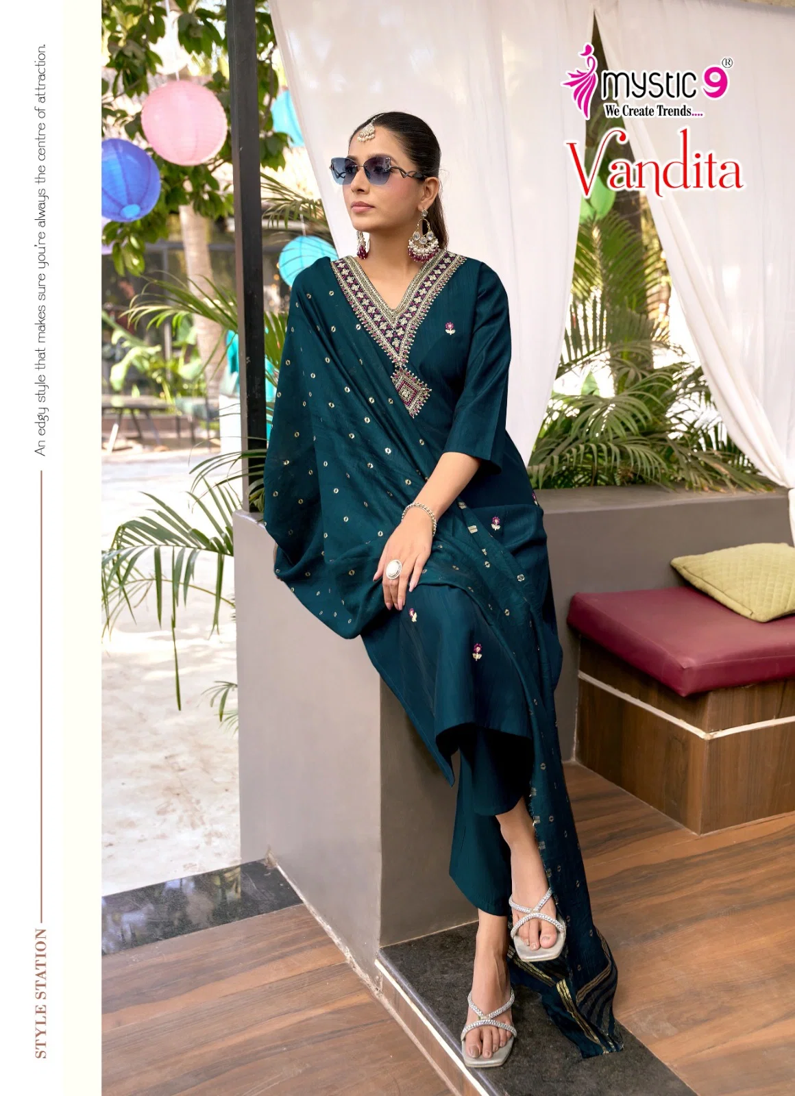 Mystic 9 Vandita Vol 1 Vertican Slub Handwork Straight Top With Bottom And Dupatta