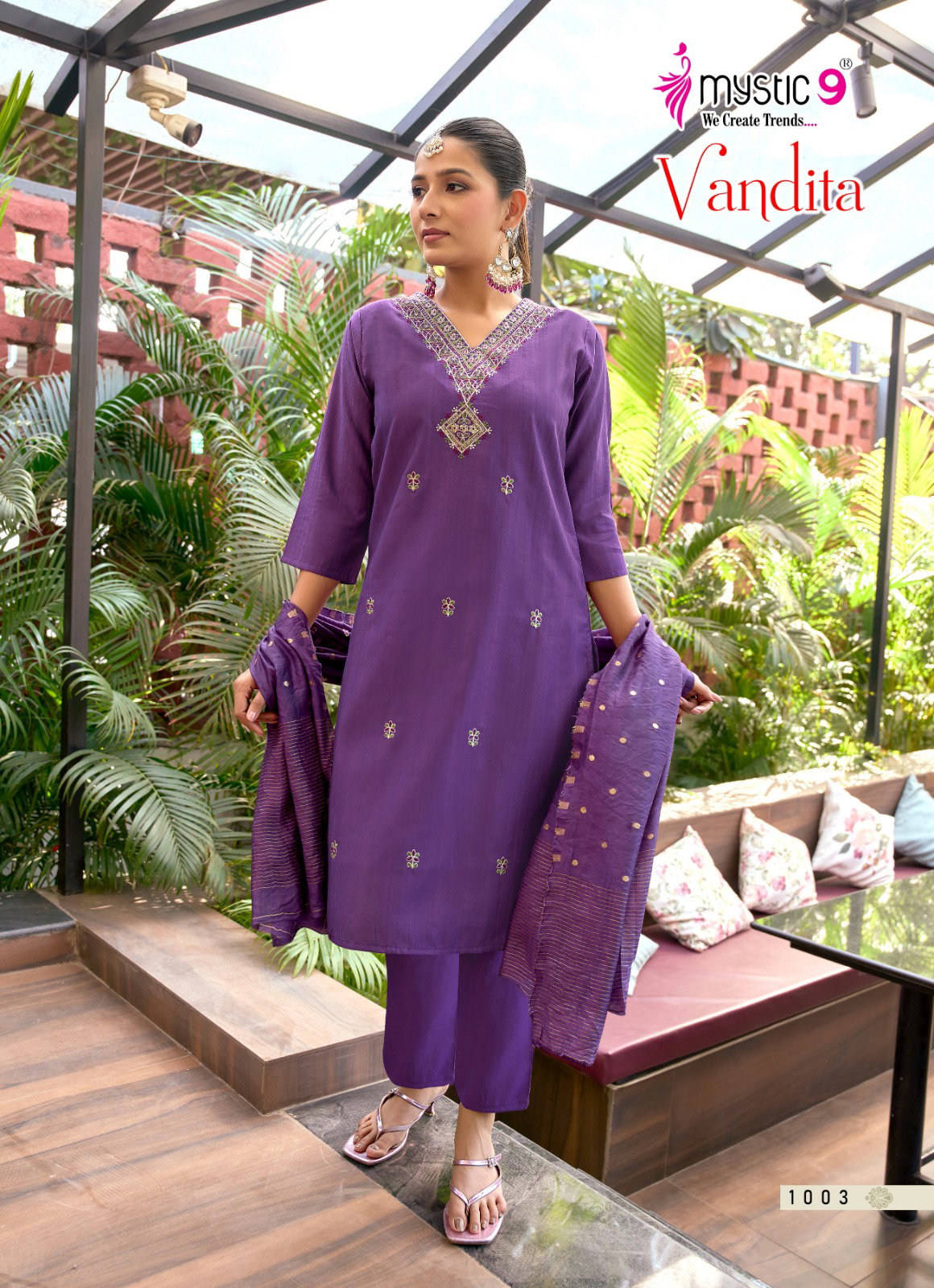 Mystic 9 Vandita Vol 1 Vertican Slub Handwork Straight Top With Bottom And Dupatta