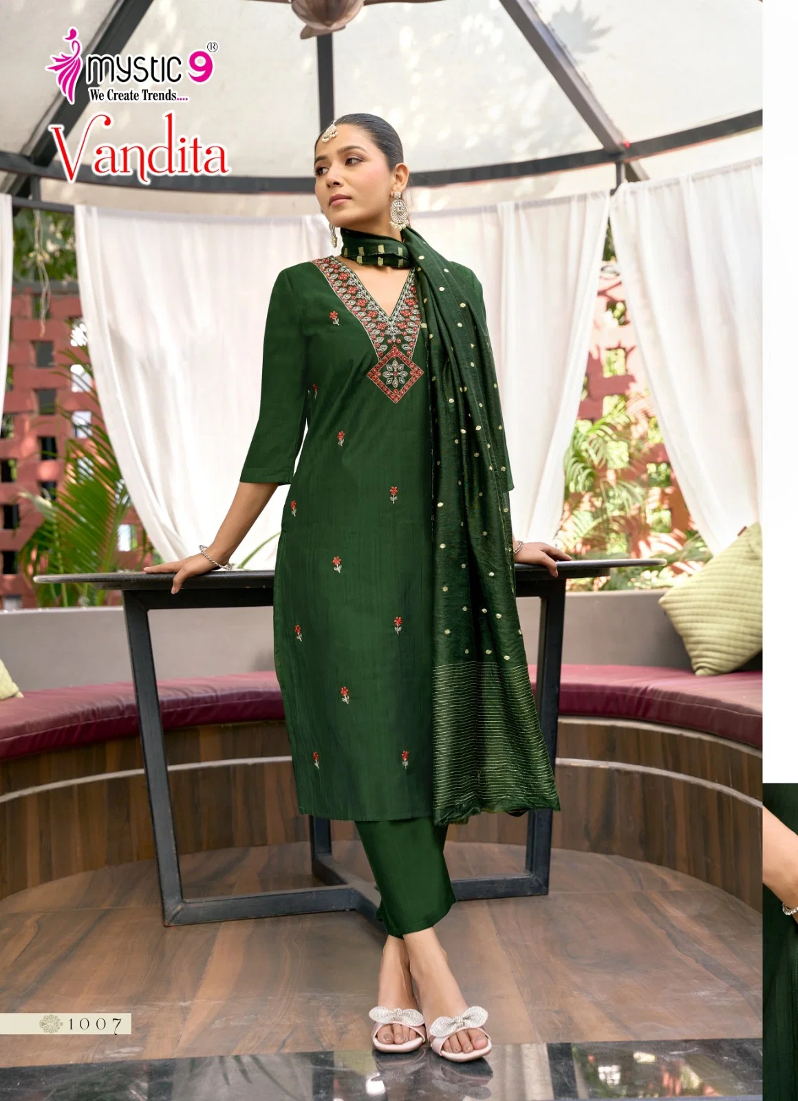 Mystic 9 Vandita Vol 1 Vertican Slub Handwork Straight Top With Bottom And Dupatta