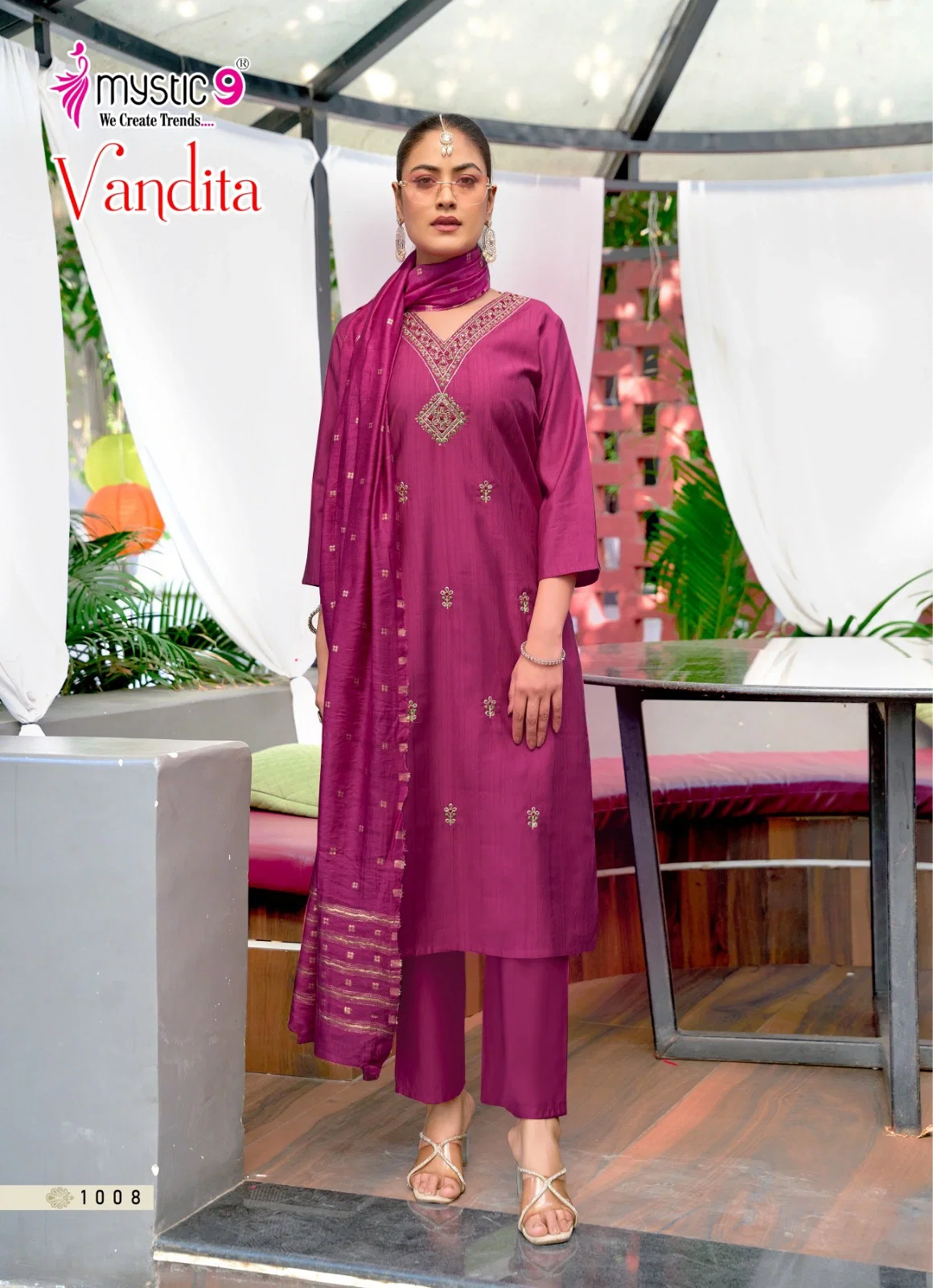Mystic 9 Vandita Vol 1 Vertican Slub Handwork Straight Top With Bottom And Dupatta