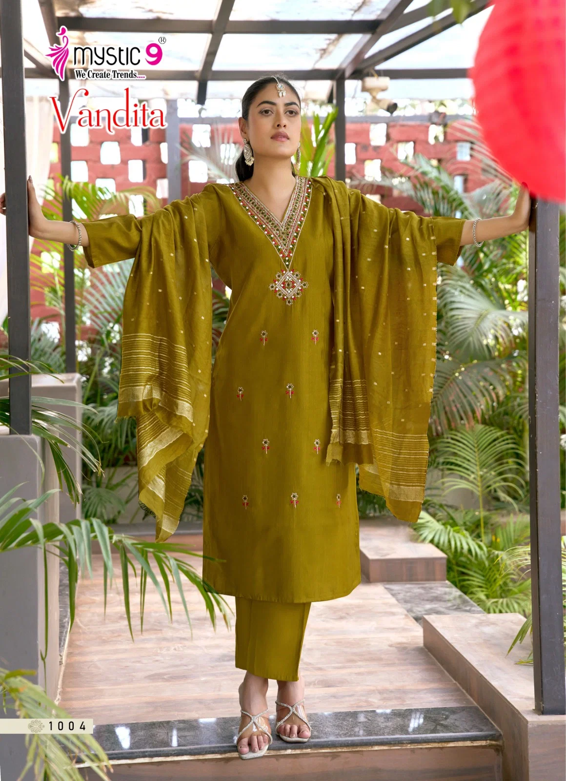 Mystic 9 Vandita Vol 1 Vertican Slub Handwork Straight Top With Bottom And Dupatta