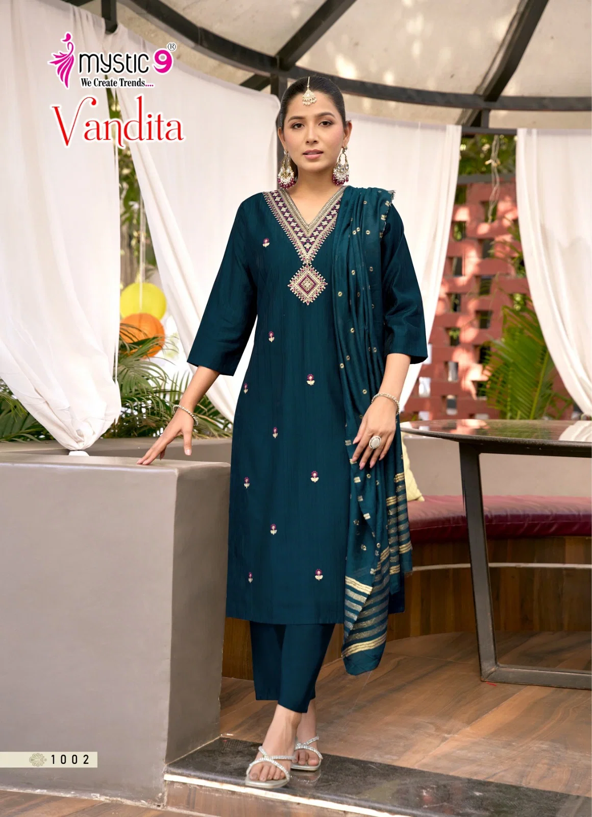 Mystic 9 Vandita Vol 1 Vertican Slub Handwork Straight Top With Bottom And Dupatta