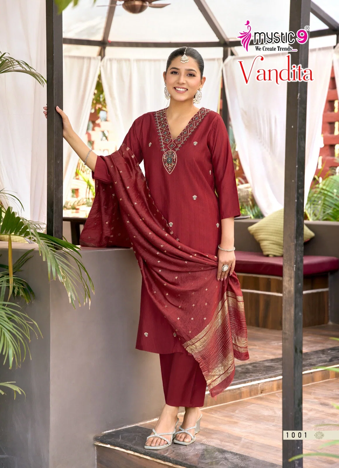 Mystic 9 Vandita Vol 1 Vertican Slub Handwork Straight Top With Bottom And Dupatta