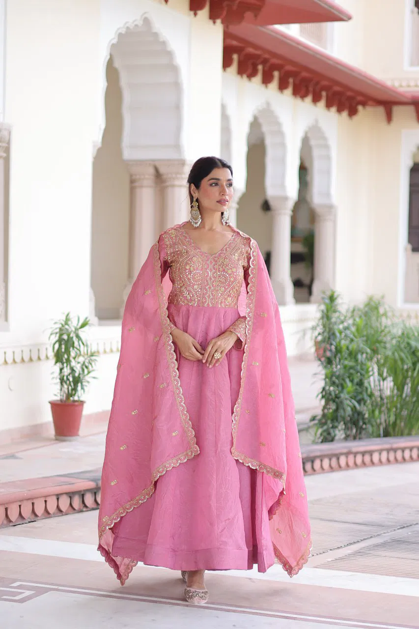 Lw 9323 Gold Crush Embroidered Gown With Dupatta Collection