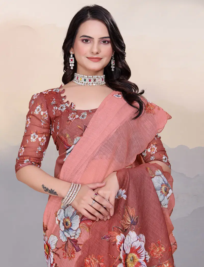 Adhya Cotton Linen Aari Bharat Work With Digital Printed Saree Collection