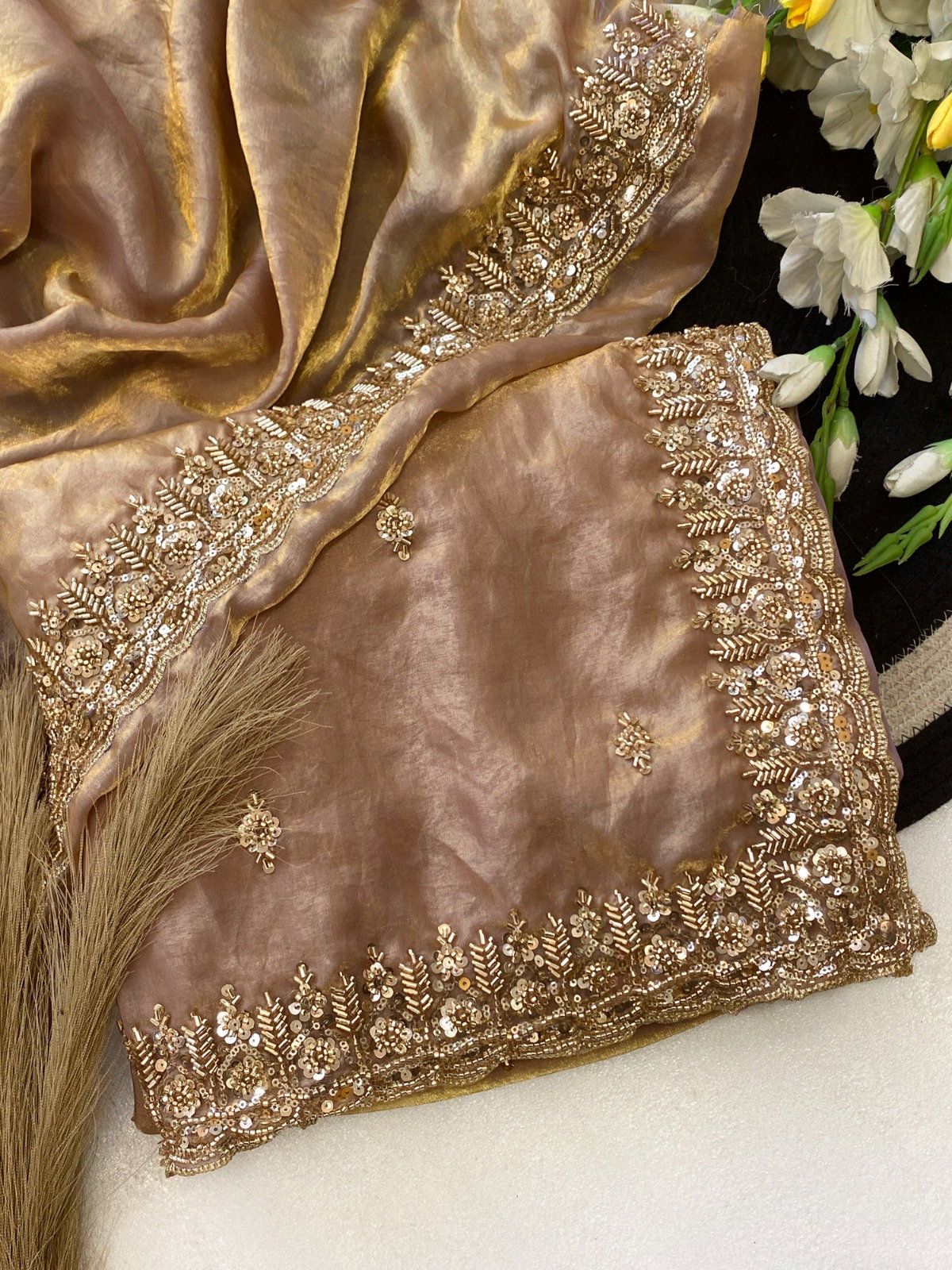SF Maher Space Silk With Beautiful Original Gold Beeds Work Saree