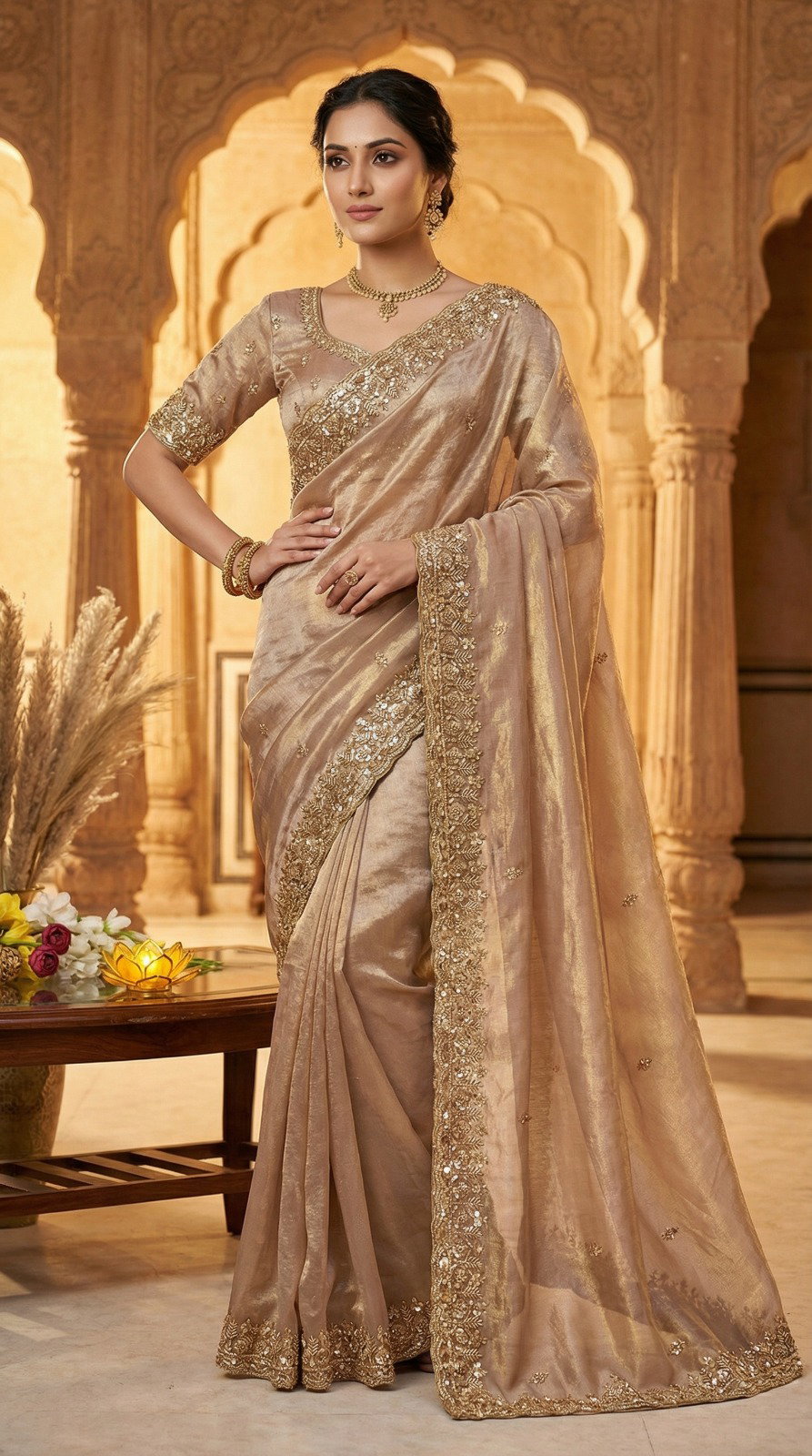 SF Maher Space Silk With Beautiful Original Gold Beeds Work Saree