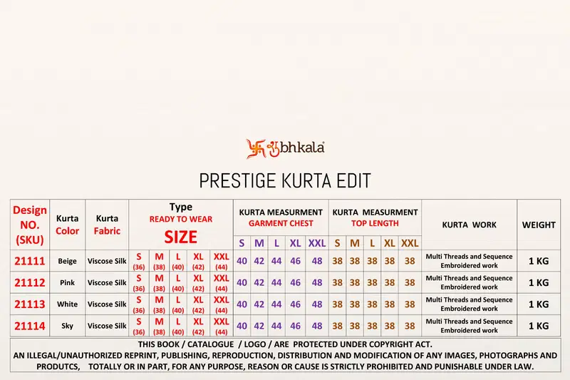 Shubhkala Prestige Kurta Edit Viscose Silk Thread Worked Mens Kurta Collection