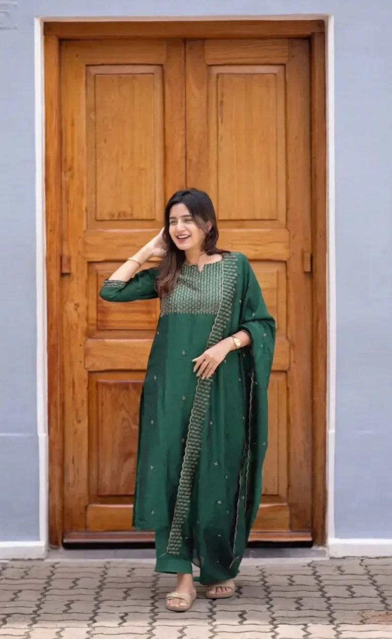 Hiba Dhyani Vertical Cotton With Embroidery Work Kurti And Dupatta