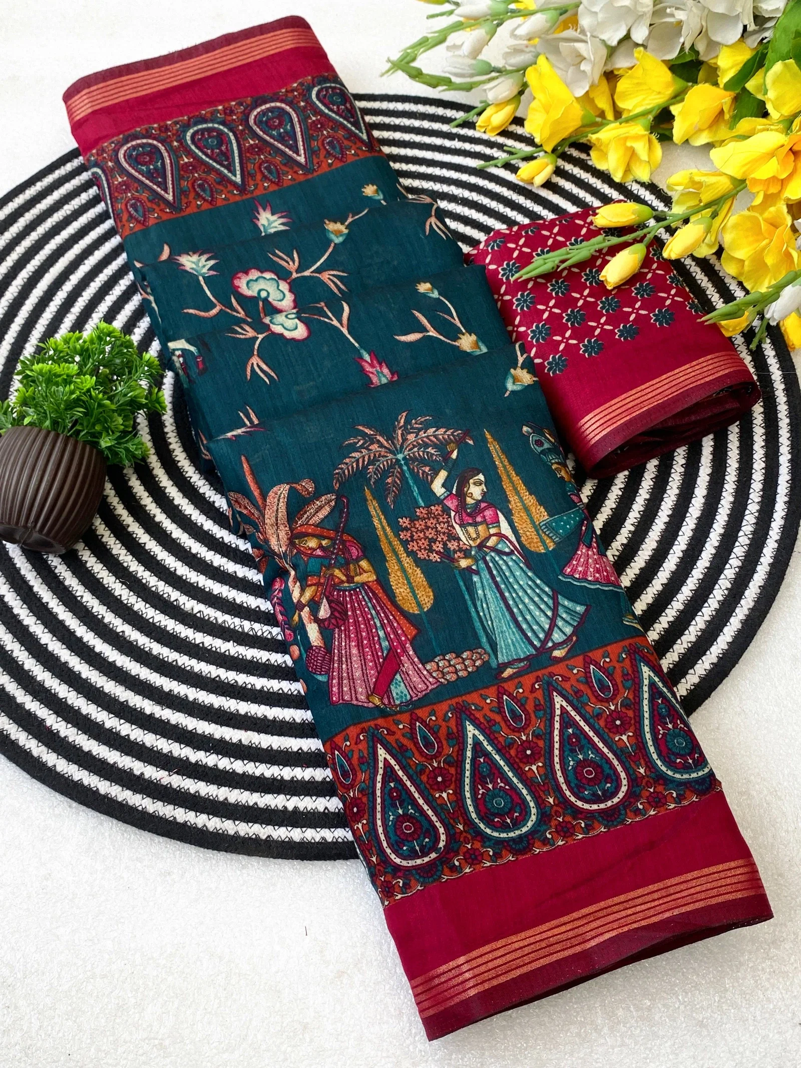 VLC MUL1010 Soft Mul Cotton Silk Ajarakh design and Pen Kalamkari Design Saree