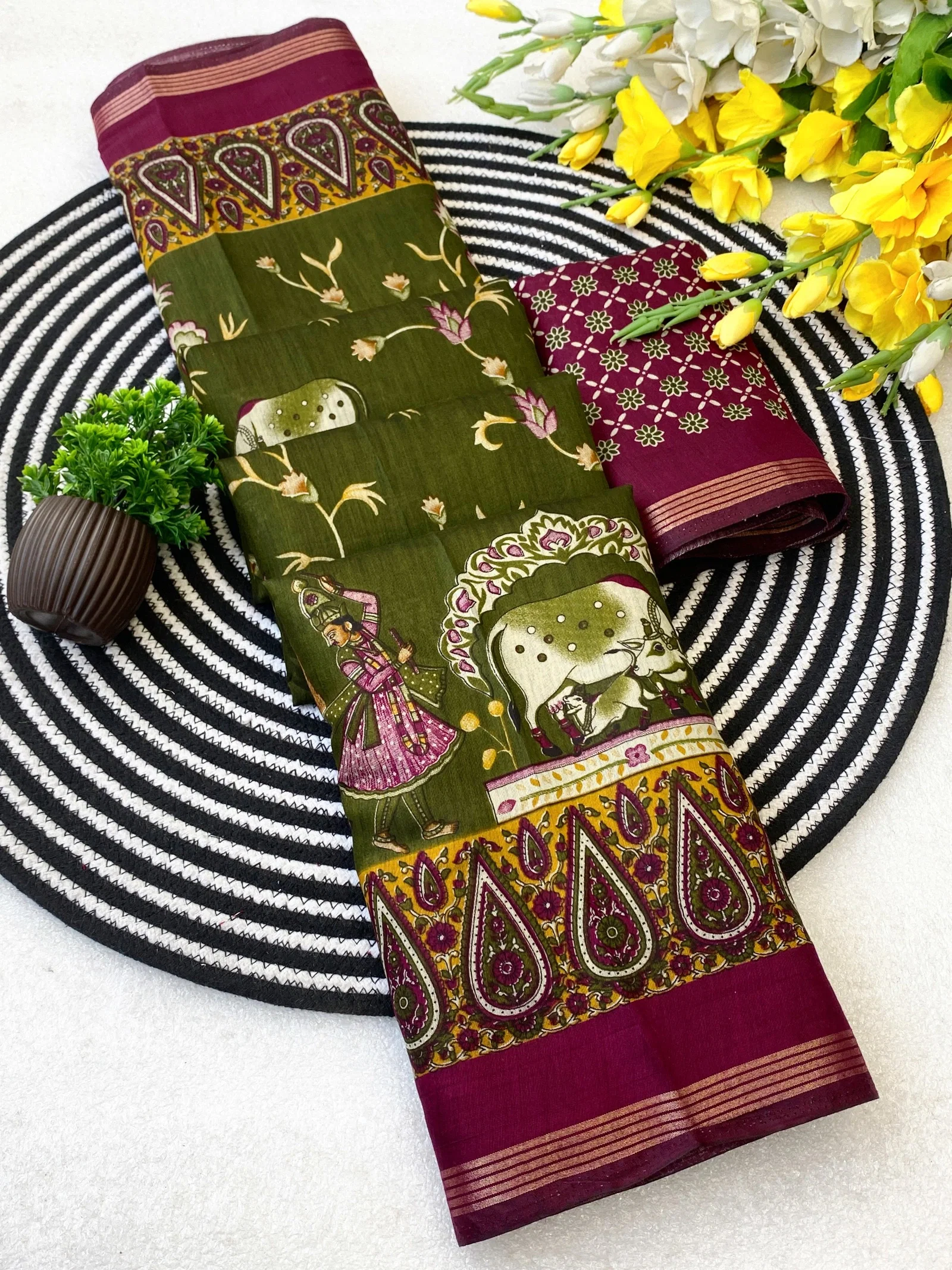 VLC MUL1010 Soft Mul Cotton Silk Ajarakh design and Pen Kalamkari Design Saree