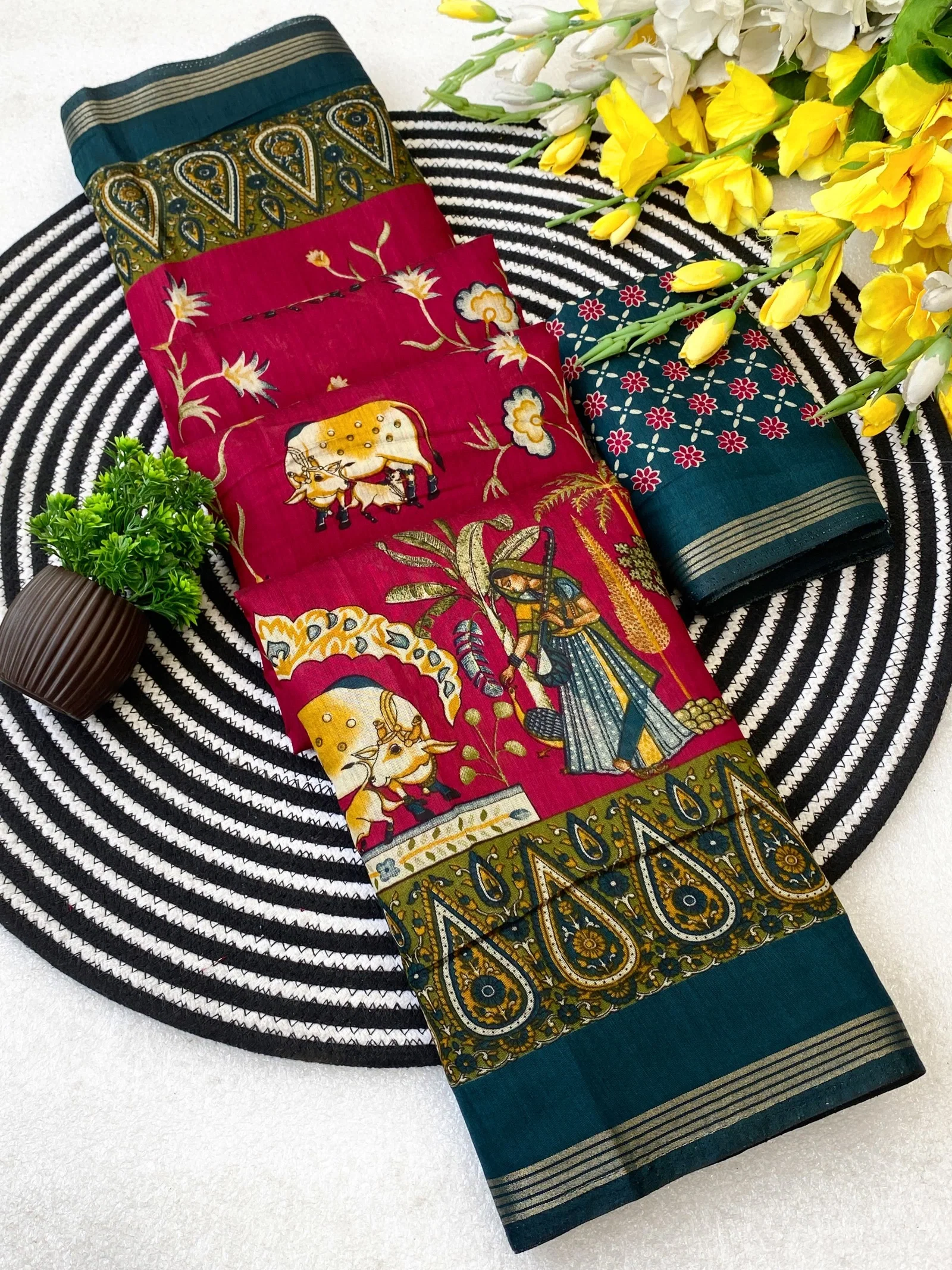 VLC MUL1010 Soft Mul Cotton Silk Ajarakh design and Pen Kalamkari Design Saree