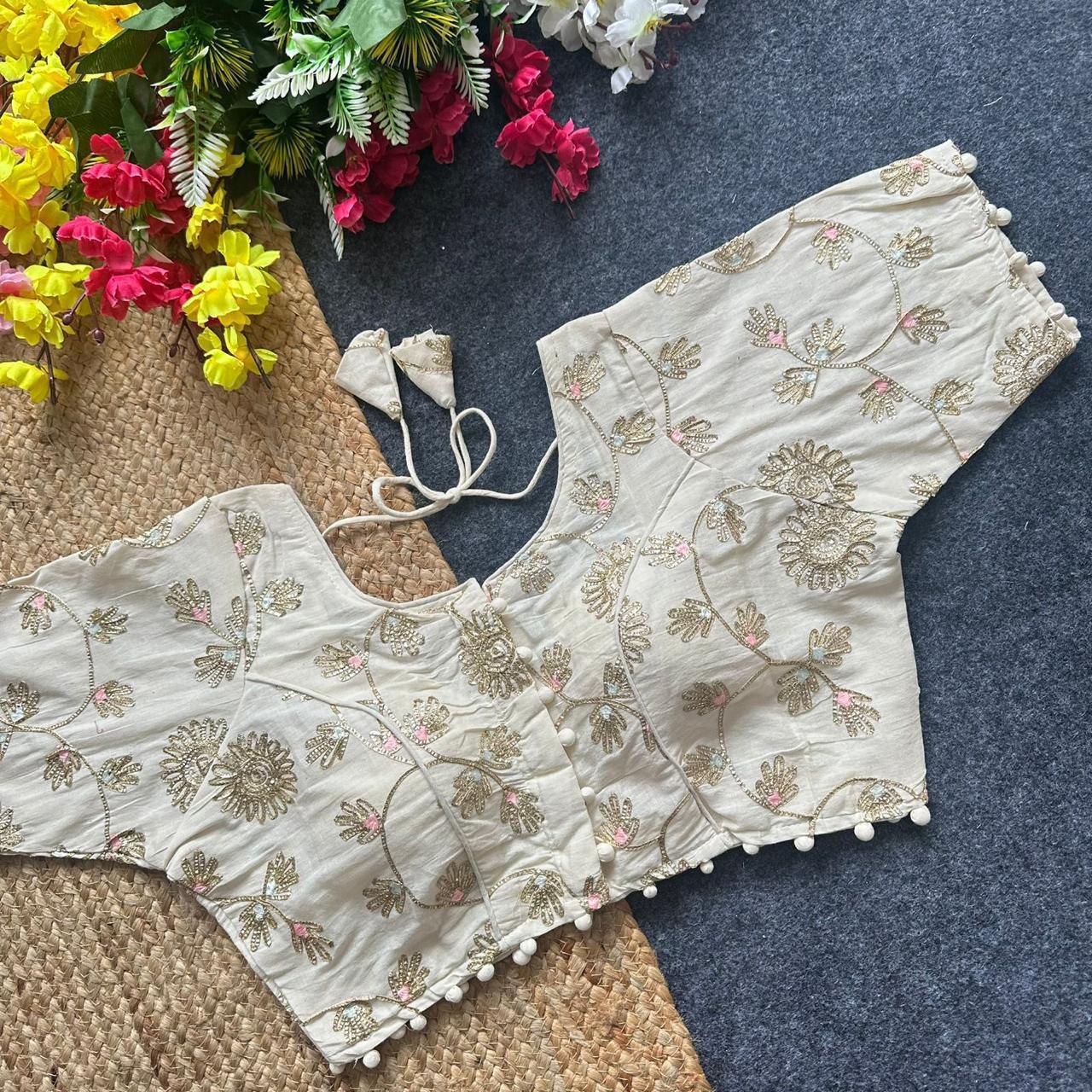 Lekha Pear Blouse 03 Diable Cambric Cotton Thread Sequence n Embroidery Work