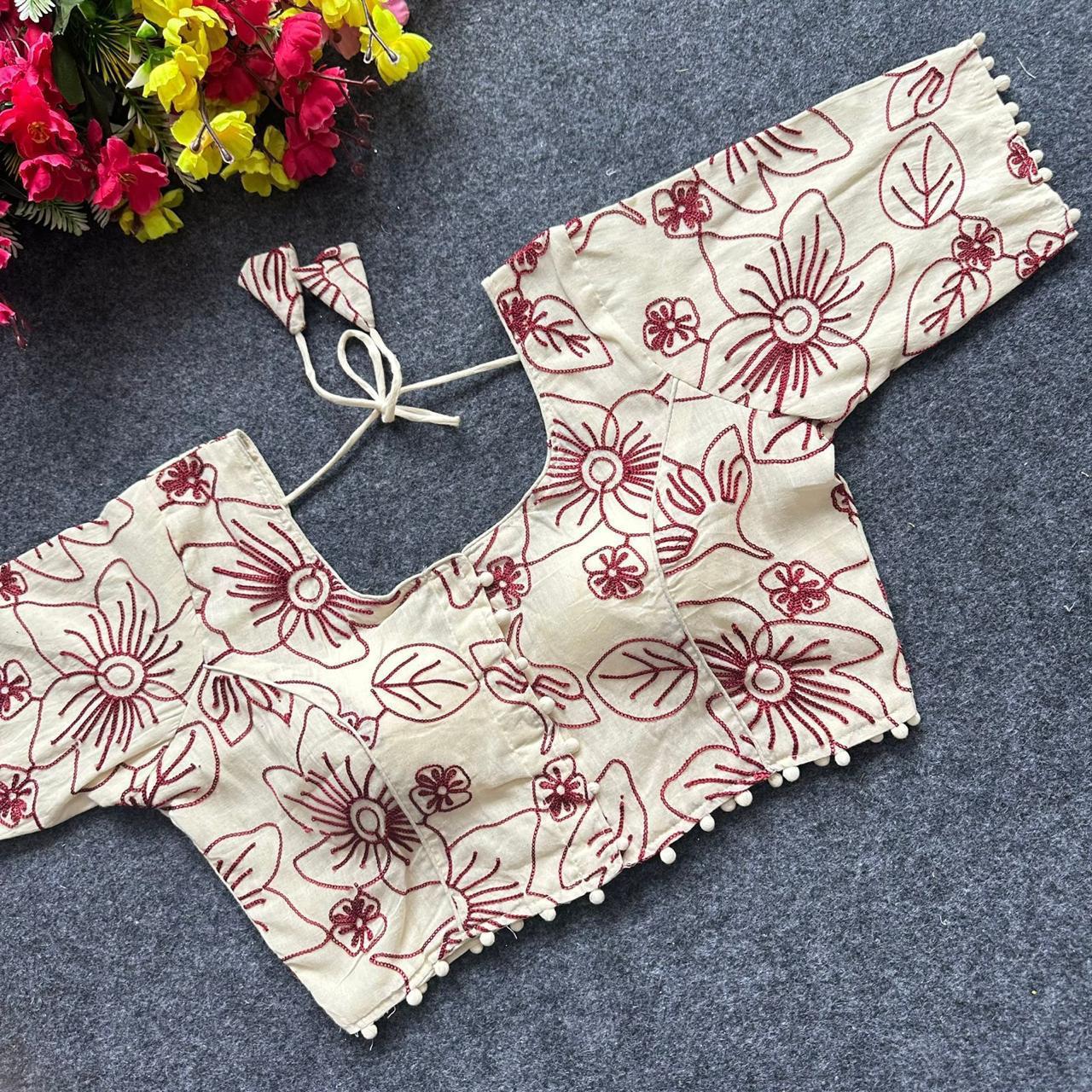 Lekha Pear Blouse 01 Diable Camric Cotton Thread Sequence n Embroidery Work