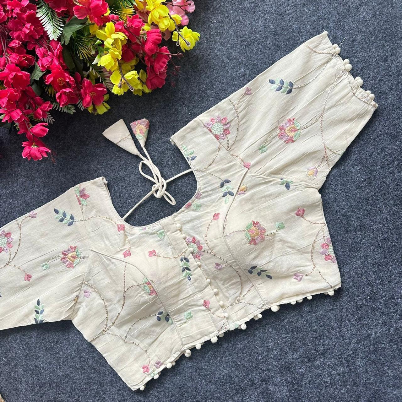 Lekha Pear Blouse 01 Diable Camric Cotton Thread Sequence n Embroidery Work