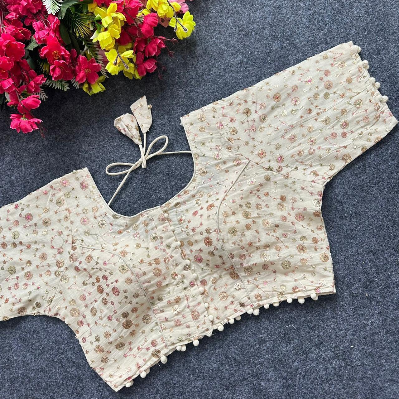 Lekha Pear Blouse 01 Diable Camric Cotton Thread Sequence n Embroidery Work