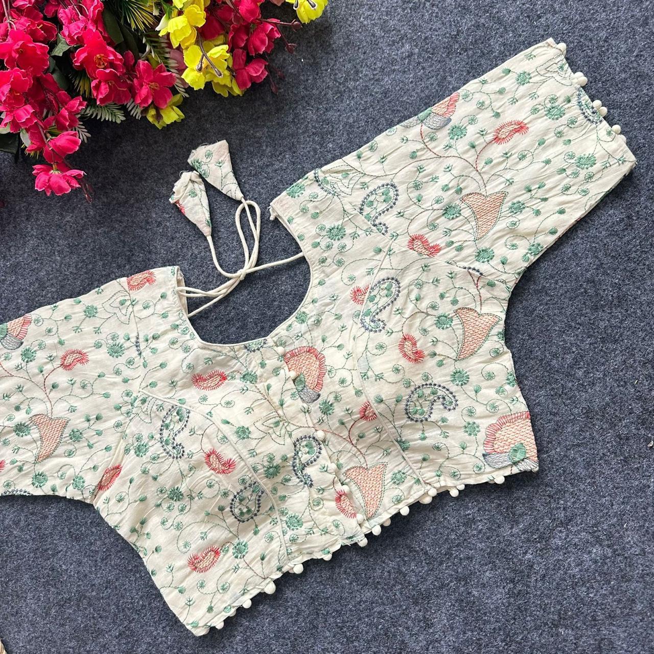 Lekha Pear Blouse 01 Diable Camric Cotton Thread Sequence n Embroidery Work