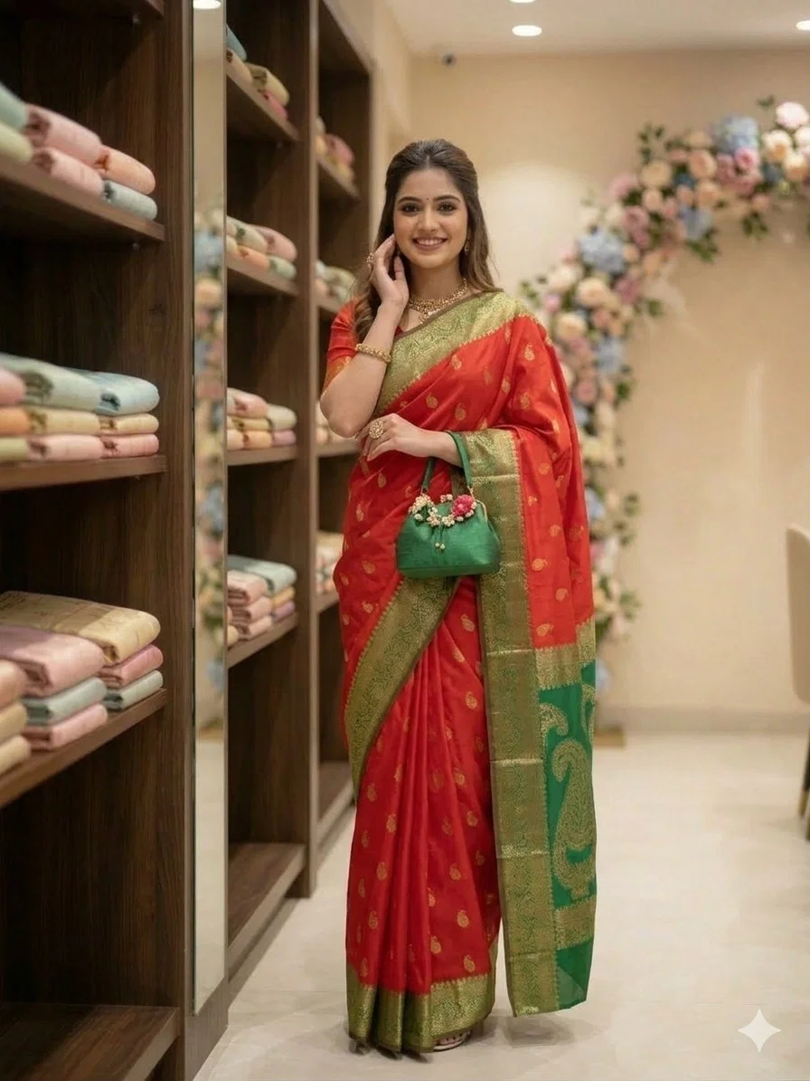 Aab Red Green Beautiful Art Soft Silk Jacquard Border Saree