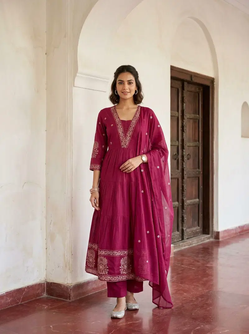 Naisha K 794 Mul Mul Embroidered Anarkali Kurti With Bottom Dupatta
