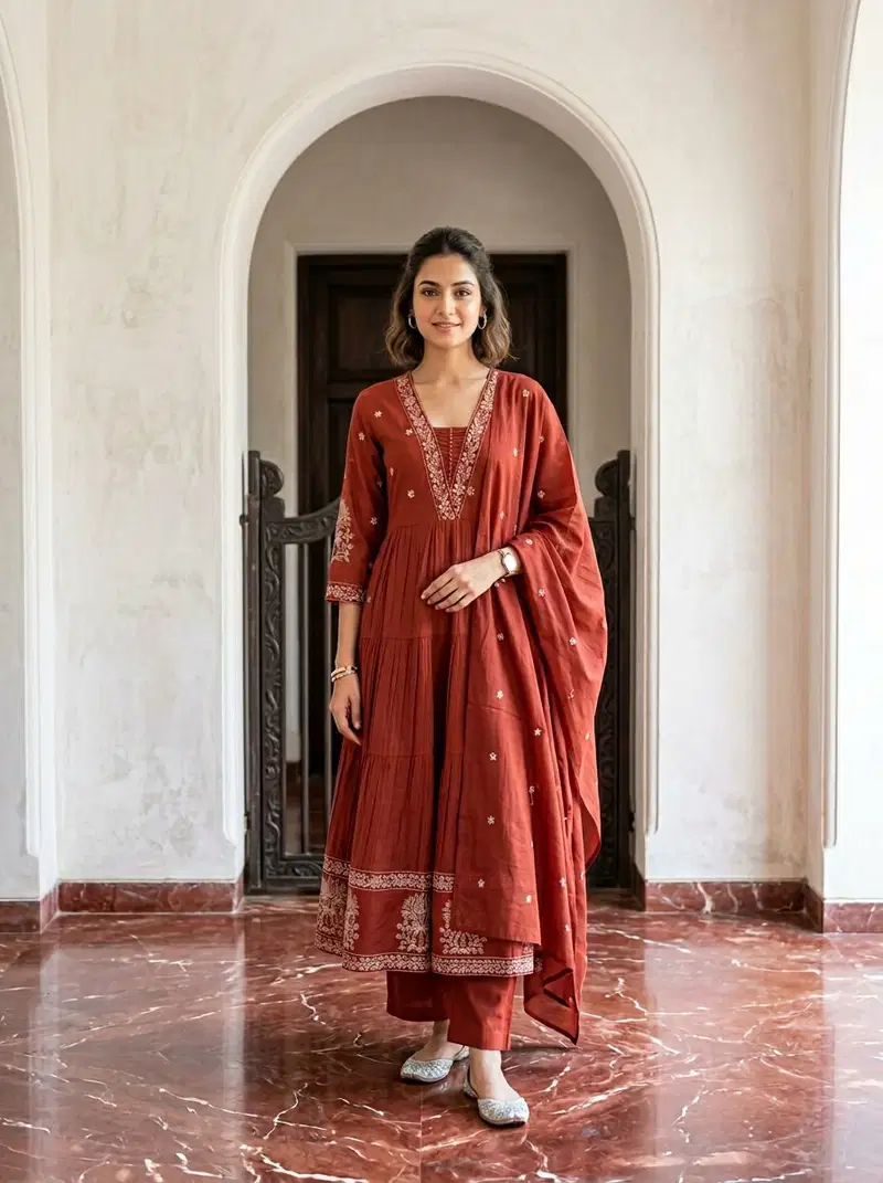 Naisha K 794 Mul Mul Embroidered Anarkali Kurti With Bottom Dupatta