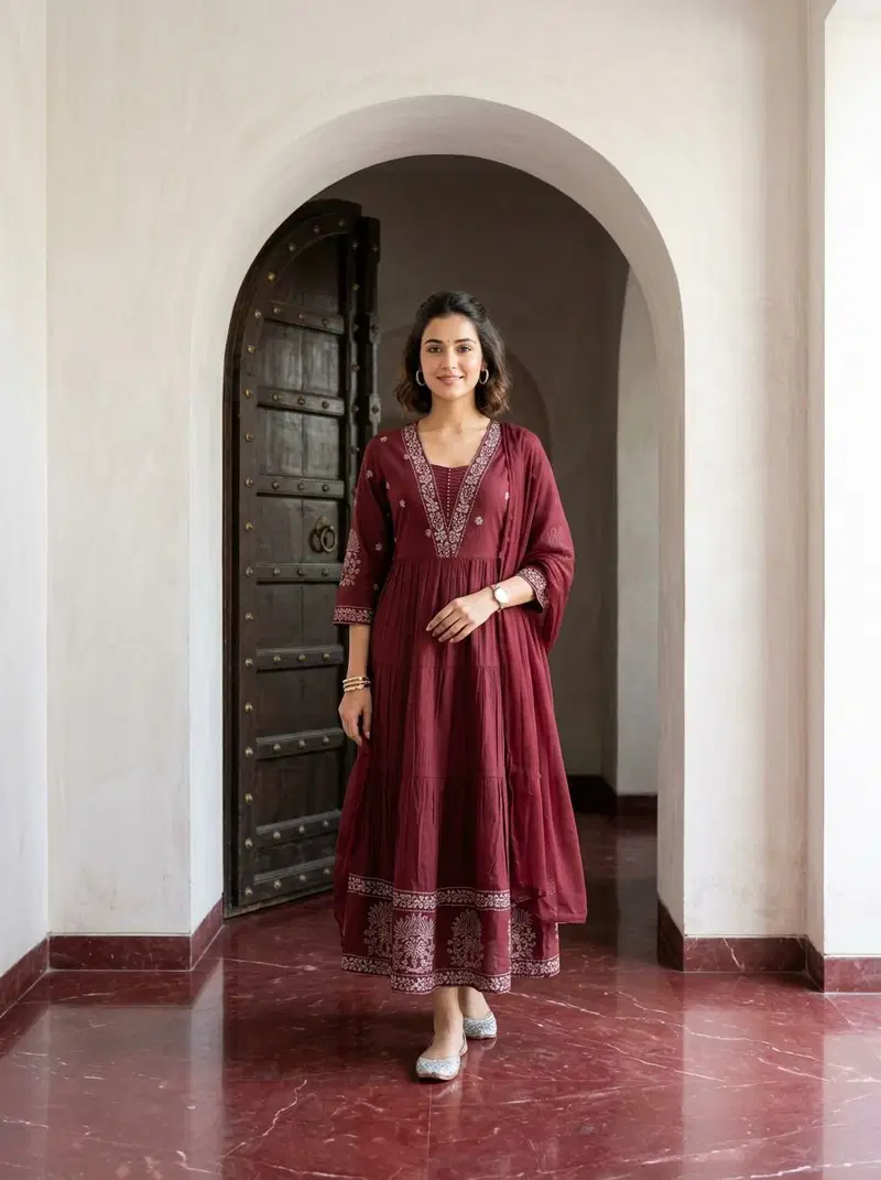 Naisha K 794 Mul Mul Embroidered Anarkali Kurti With Bottom Dupatta