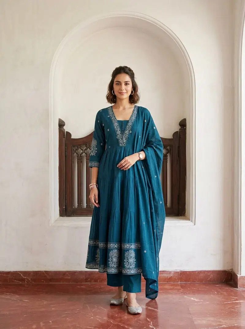 Naisha K 794 Mul Mul Embroidered Anarkali Kurti With Bottom Dupatta