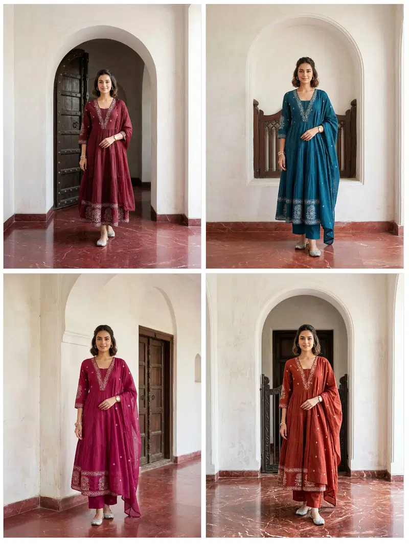 Naisha K 794 Mul Mul Embroidered Anarkali Kurti With Bottom Dupatta