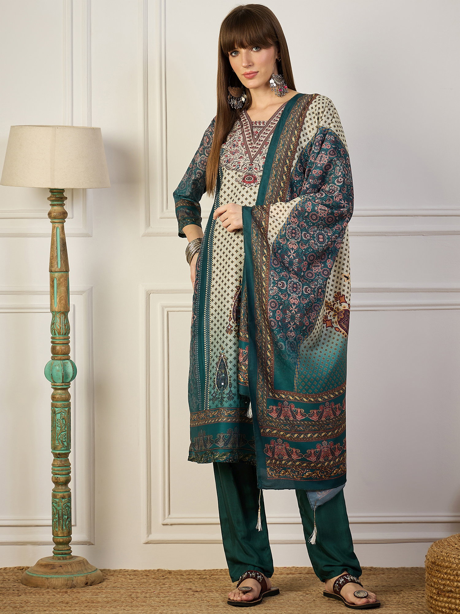 VP 9772 Teal Embroidery Silk Straight Kurta With Trousers & Dupatta Sets