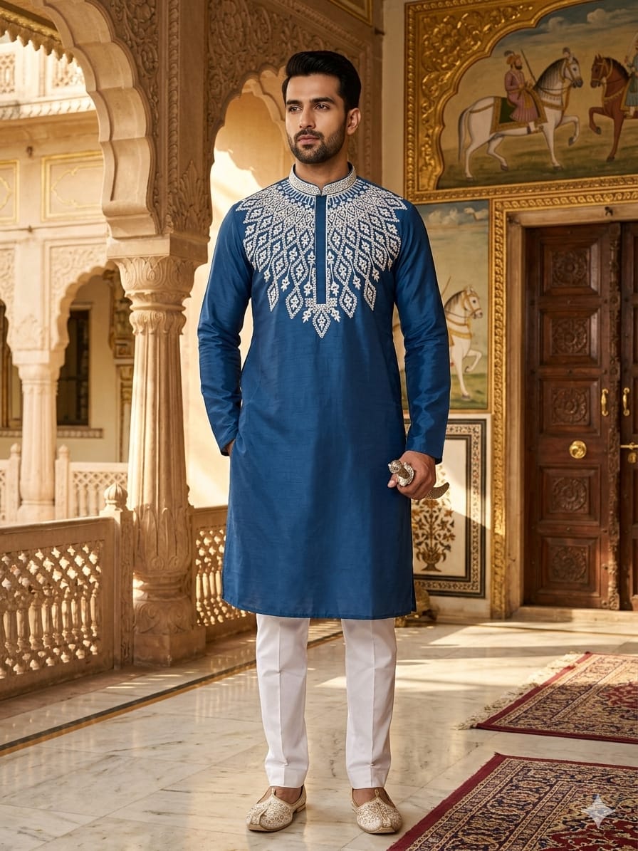 Lekha Mald 16 Cotton Thread Embroidery Neck Work Mens Kurta 