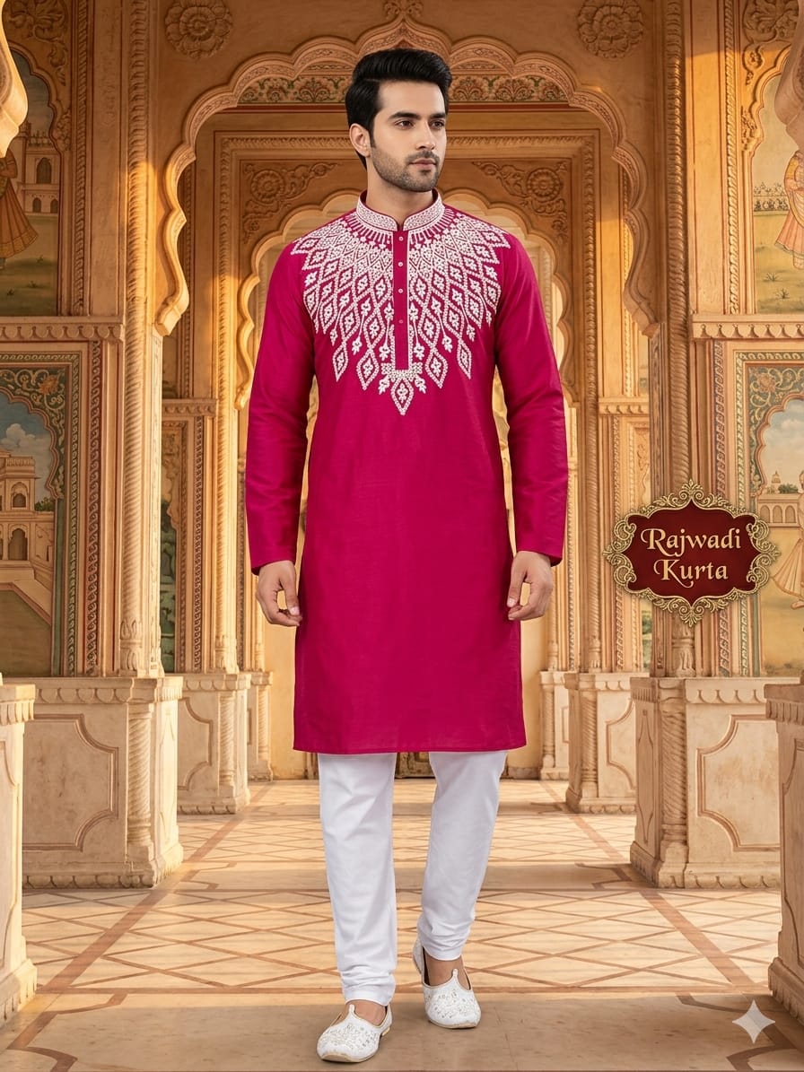 Lekha Mald 16 Cotton Thread Embroidery Neck Work Mens Kurta 