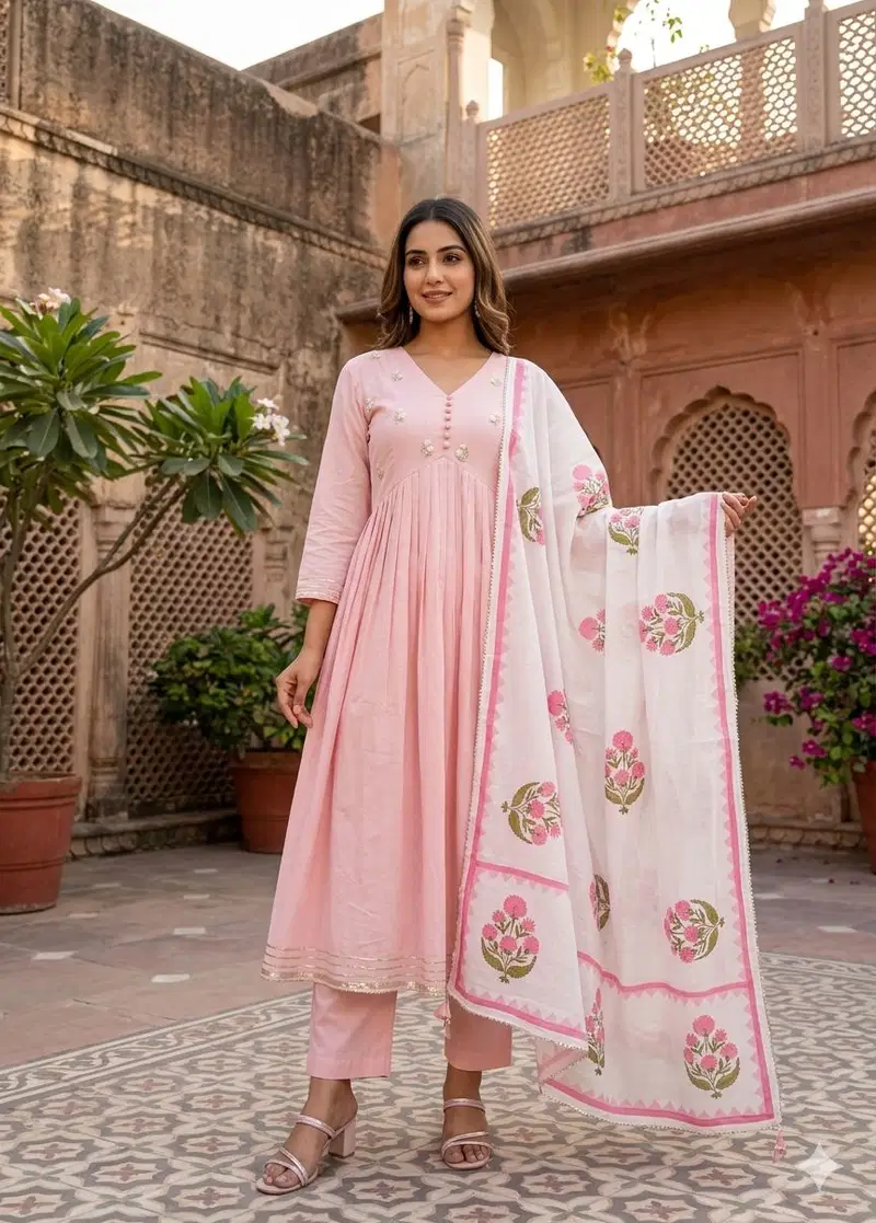 Naisha K 796 Mal Cotton With Handworked Anarkali Kurti With Bottom Dupatta