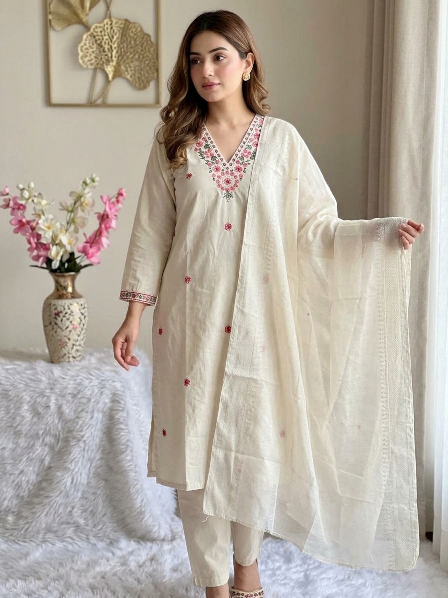 NCO 138 Khadi Cotton Embroidery Kurti Bottom With Dupatta