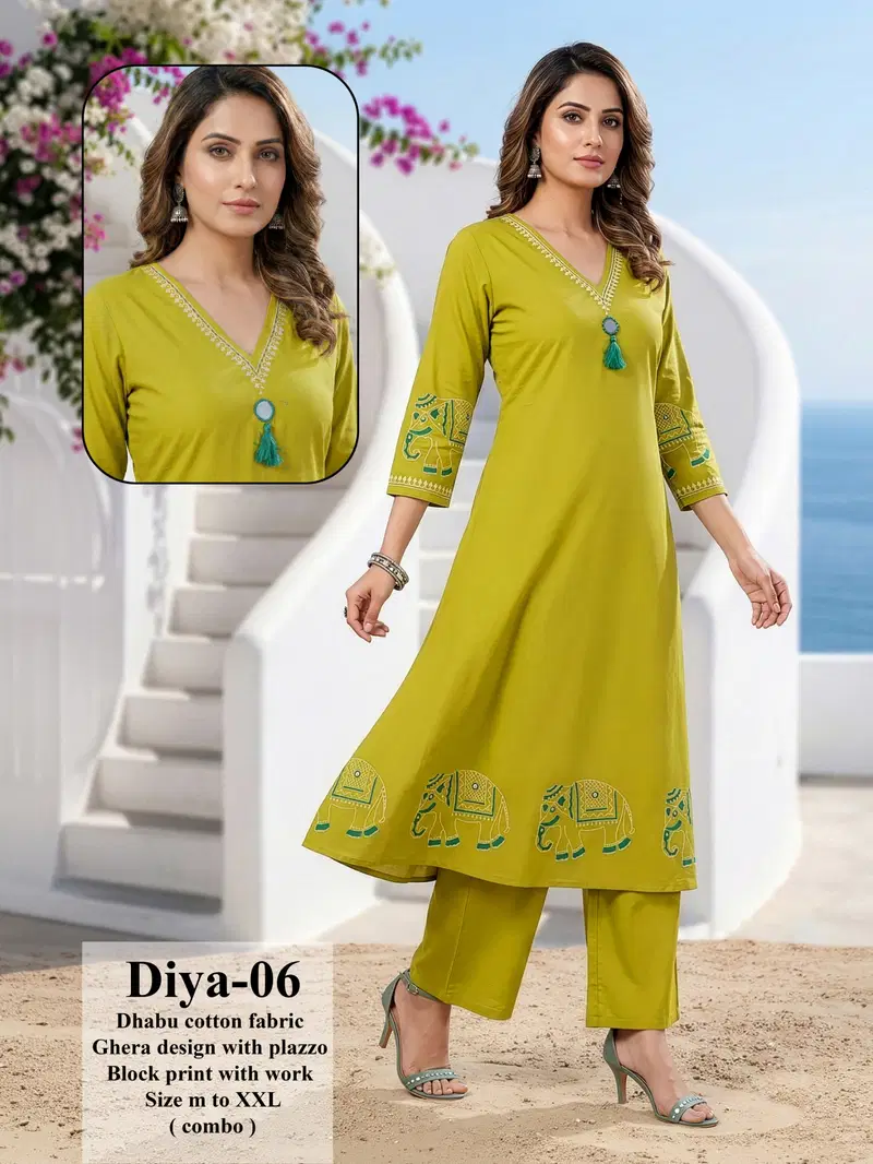 Diya D No 01 To 08 Dhabu Cotton Animal Printed Fancy Kurti With Bottom Collection