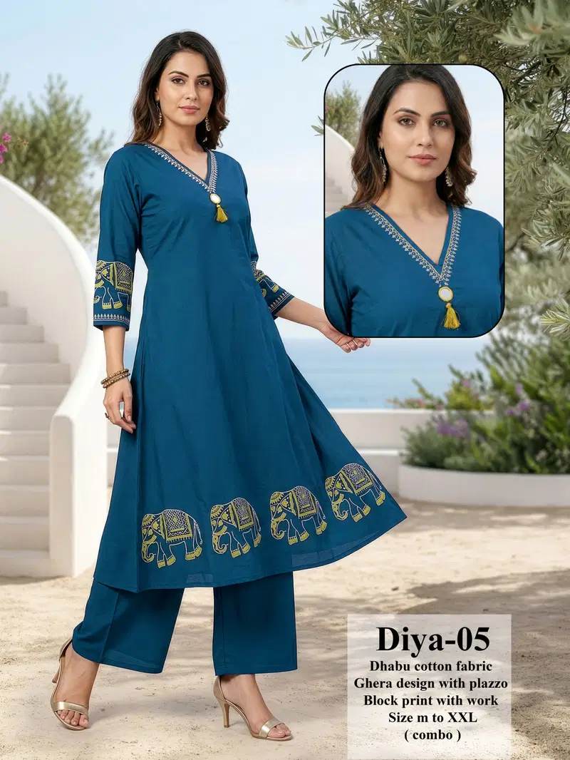 Diya D No 01 To 08 Dhabu Cotton Animal Printed Fancy Kurti With Bottom Collection