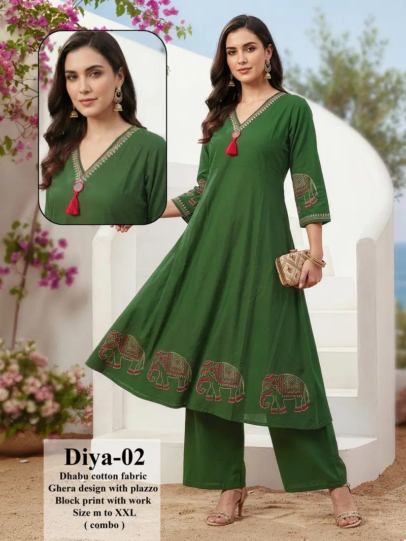 Diya D No 01 To 08 Dhabu Cotton Animal Printed Fancy Kurti With Bottom Collection