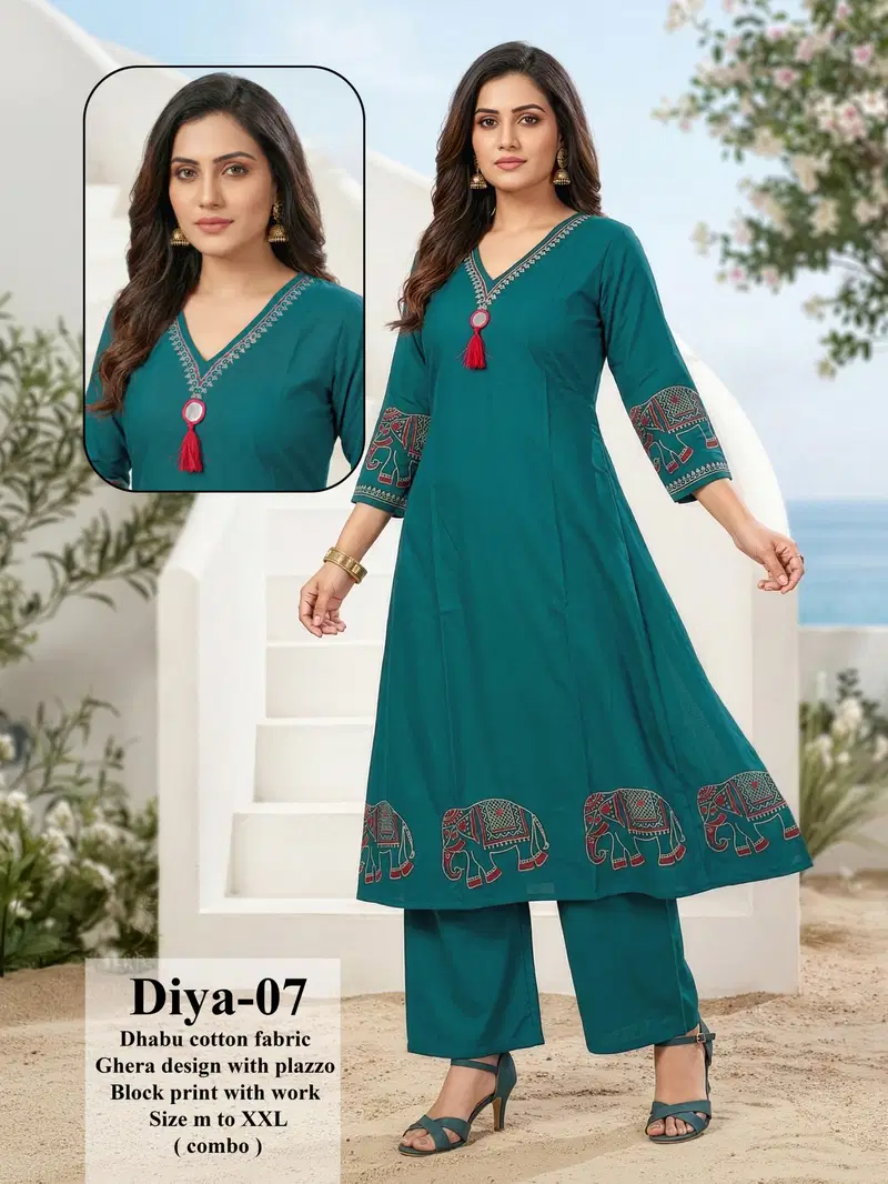 Diya D No 01 To 08 Dhabu Cotton Animal Printed Fancy Kurti With Bottom Collection