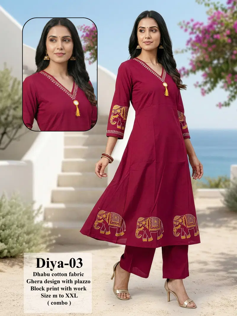 Diya D No 01 To 08 Dhabu Cotton Animal Printed Fancy Kurti With Bottom Collection