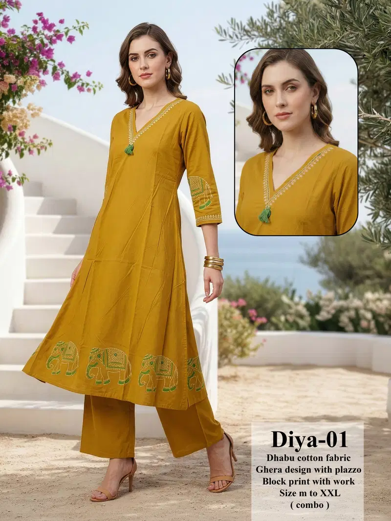 Diya D No 01 To 08 Dhabu Cotton Animal Printed Fancy Kurti With Bottom Collection