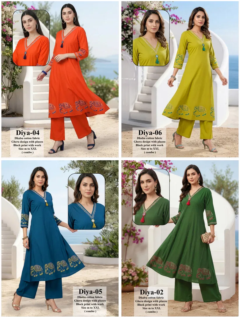 Diya D No 01 To 08 Dhabu Cotton Animal Printed Fancy Kurti With Bottom Collection