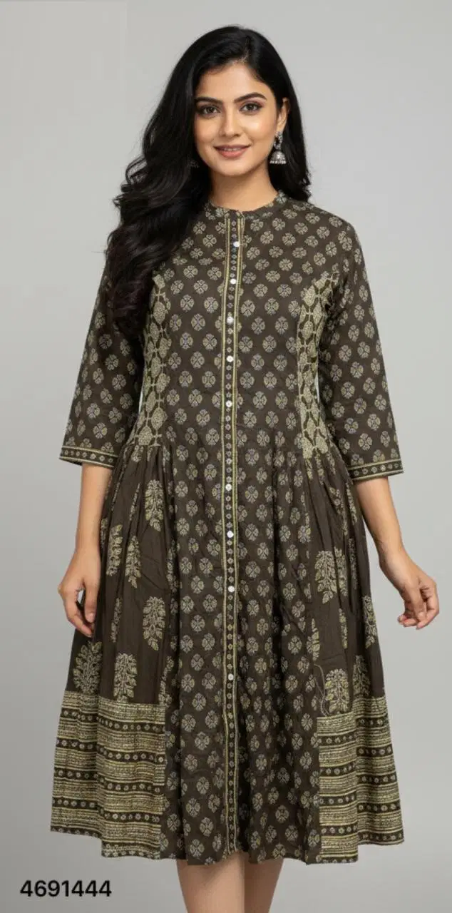 Naisha K 461 Woody Brown Cotton Printed Aline Long Casual Wear Kurti Collection