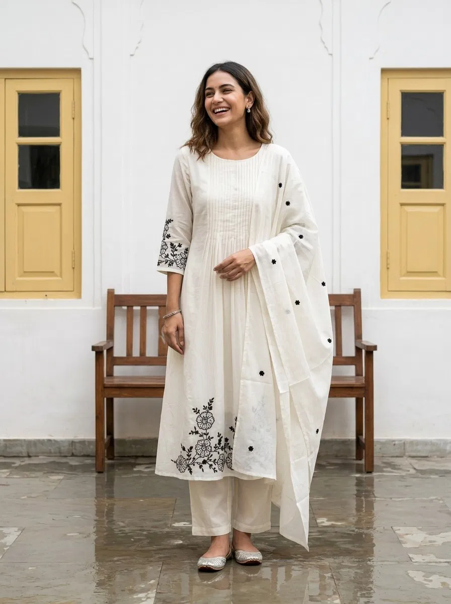 Naisha K 799 Mul Chanderi Embroidered Aline Kurti With Bottom Dupatta Collection