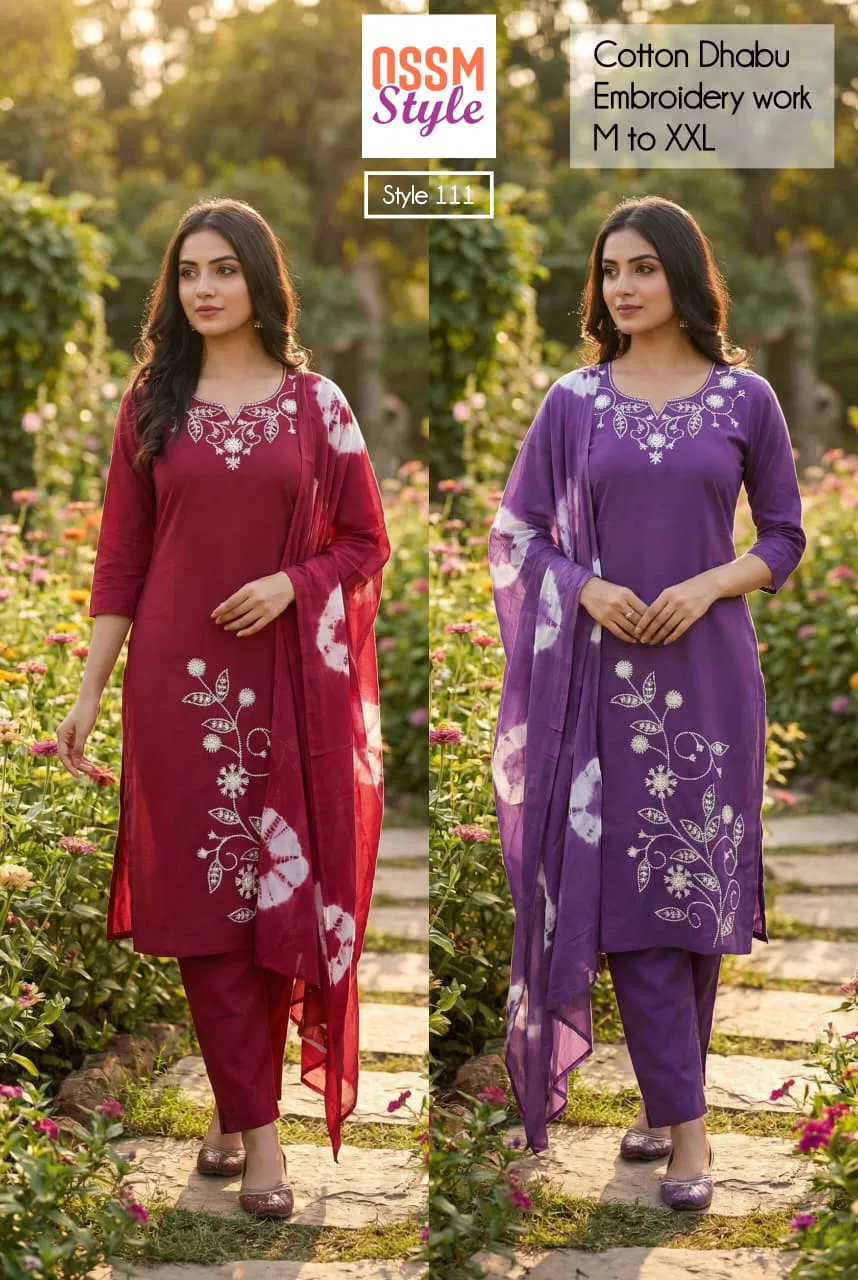 Ossm Style 111 Cotton Dhabu Embroidered Kurti With Bottom Dupatta