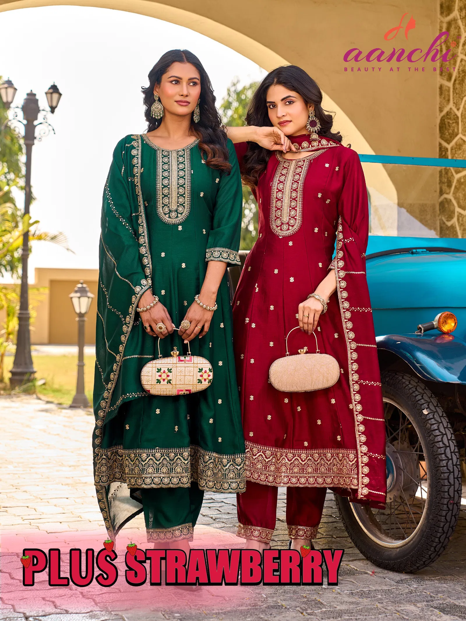 Aanchi Plus Strawberry Vichitra Silk With Embroidered Kurti With Bottom Dupatta